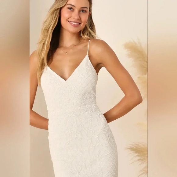 Lulu's Bridal Cherished Vow White Beaded Backless Mermaid Maxi Dress Bride Party - Picture 3 of 12